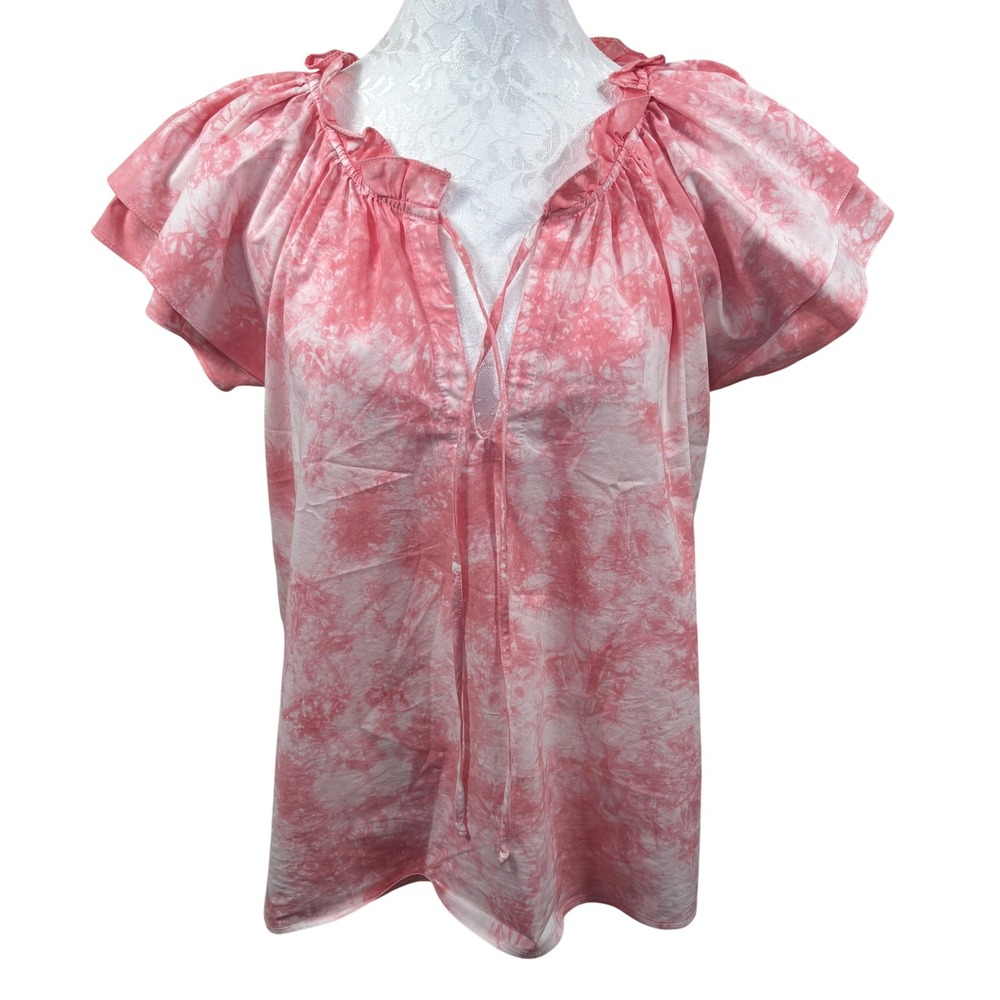 Finley Tie Dye Flutter Sleeve Ruffled Neck Lace Up Peasant Top Blouse Womens S